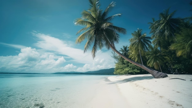 Una playa con una palmera y un cielo azul generativo ai