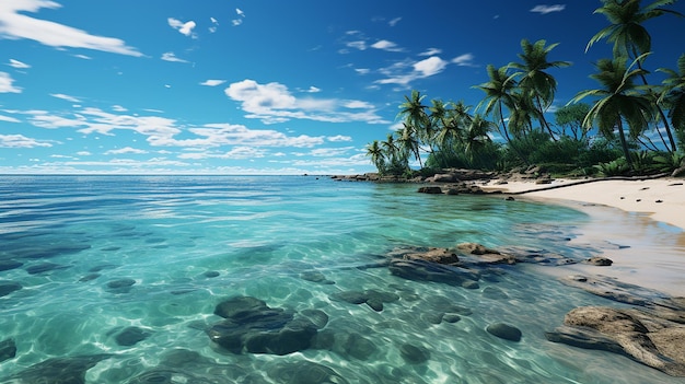 Una playa con una palmera y un cielo azul.