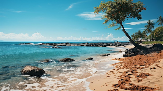 Una playa con una palmera y un cielo azul.