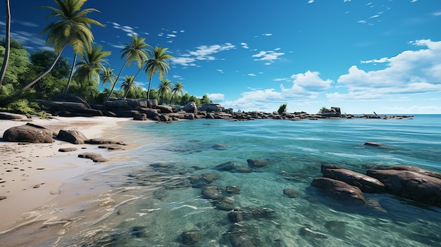 Una playa con una palmera y un cielo azul.