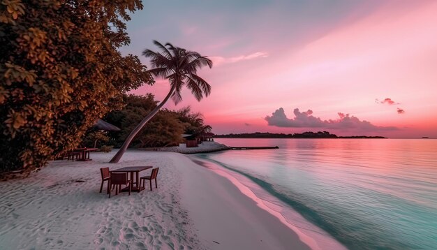 Una playa con una palmera y una mesa encima.