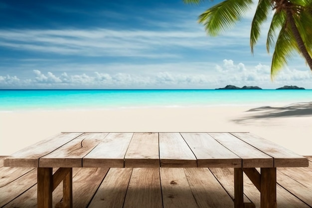 Una playa con una palmera y una mesa en la playa.