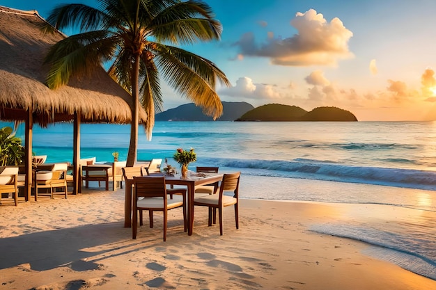 Una playa con una palmera y una mesa con sillas.