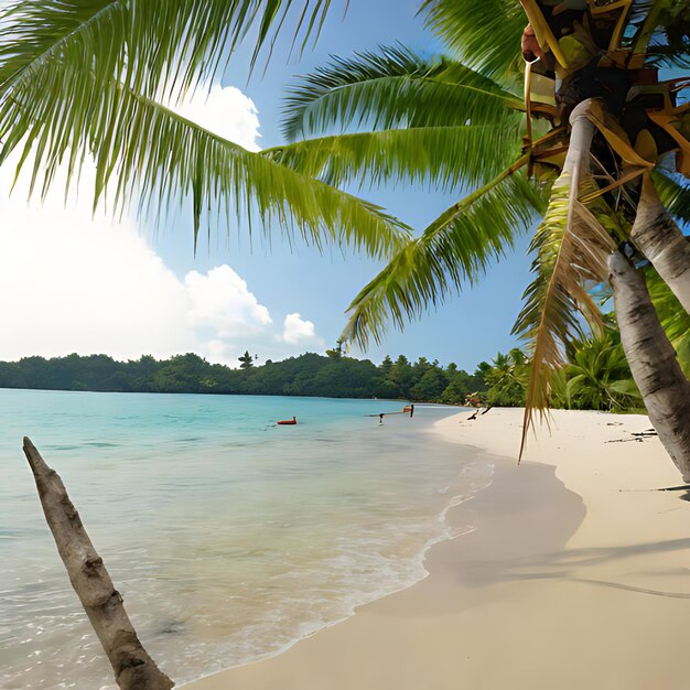 una playa con una palmera y personas en ella