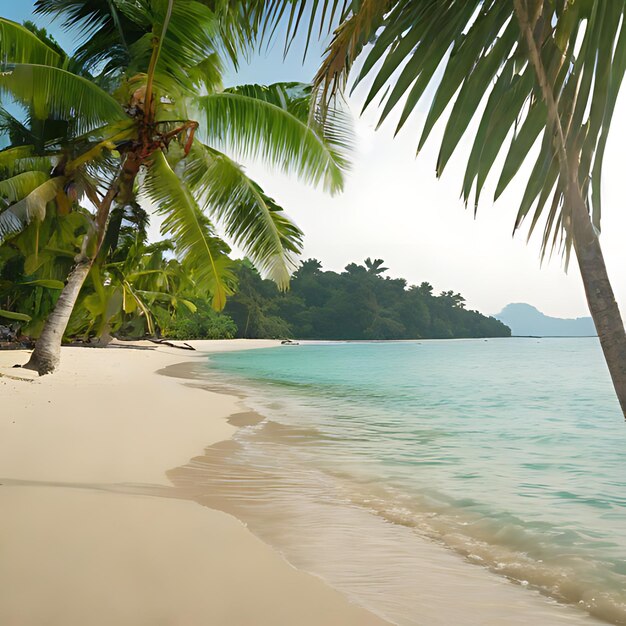 una playa con una palmera y una playa en el fondo