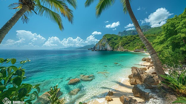 una playa con una palmera y una playa en el fondo