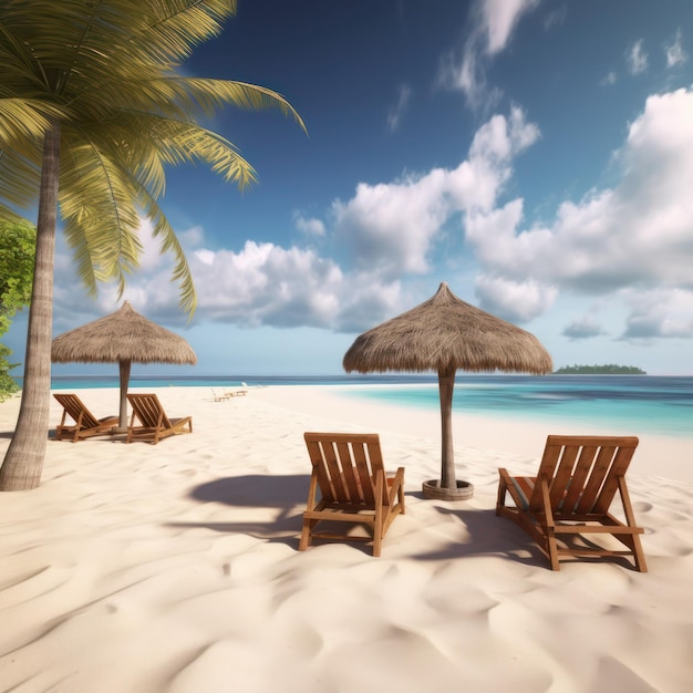 Una playa con una palmera y sillas con una sombrilla.