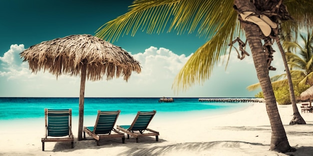 Una playa con una palmera y una sombrilla