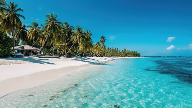 Una playa con palmeras y agua azul en el caribe.