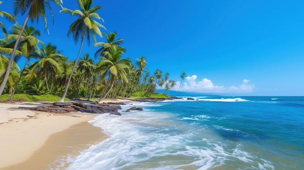 Una playa con palmeras y agua azul.