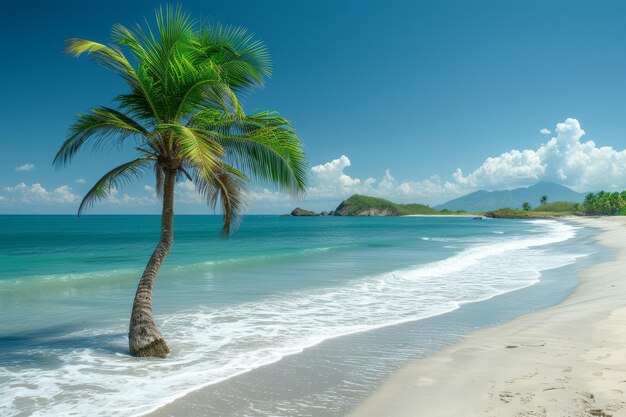 Playa con palmeras y agua azul.