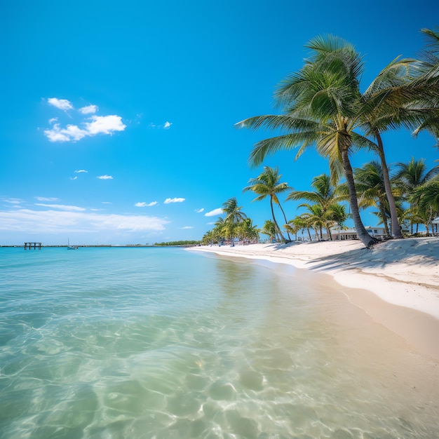 Una playa con palmeras y agua azul.