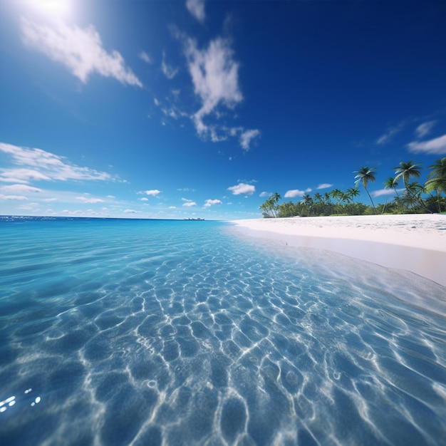 Una playa con palmeras y agua.