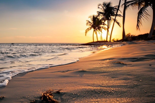 Foto una playa con palmeras al atardecer