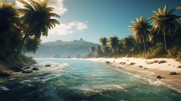 Una playa con palmeras al fondo