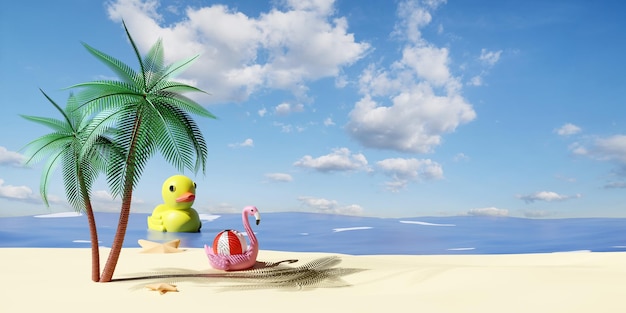 Playa con palmeras al lado pato amarillo bola de fuego inflable estrella de pescado aislado en fondo cielo azul concepto de viaje de verano ilustración en 3D o renderización en 3D