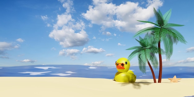 Playa con palmeras al lado de peces estrella de pato amarillo gafas de sol aisladas en fondo de cielo azul concepto de viaje de verano ilustración en 3D o renderización en 3D