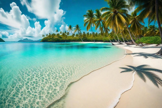 una playa con palmeras y arena en el agua