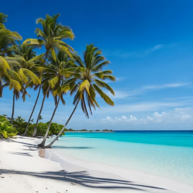 Una playa con palmeras en la arena y el mar de fondo