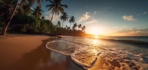 Una playa con palmeras y un atardecer de fondo