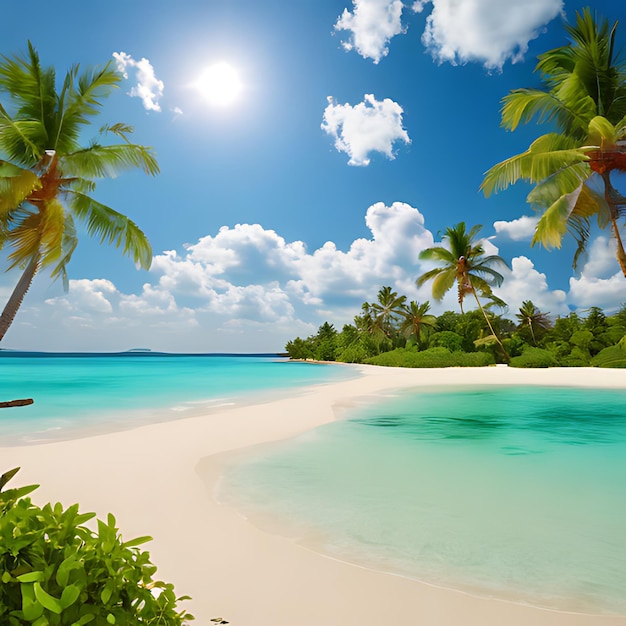 Foto una playa con palmeras y un barco en el agua