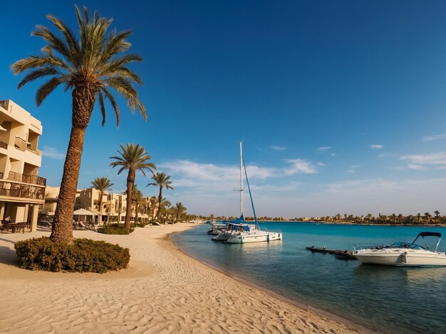 Foto una playa con palmeras y barcos en ella