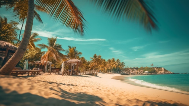 Una playa con palmeras y una cabaña en la arena