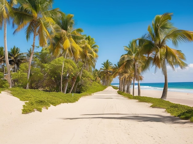 Una playa con palmeras y un camino que conduce al océano