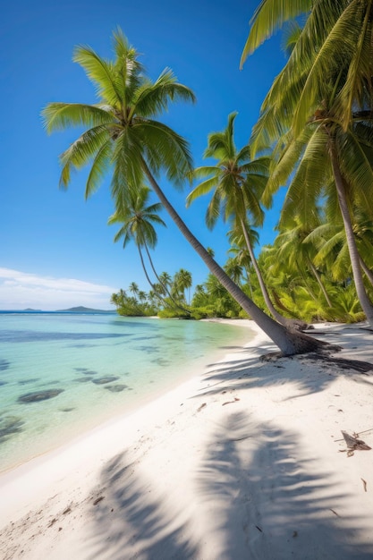 Una playa con palmeras y un cielo azul de fondo