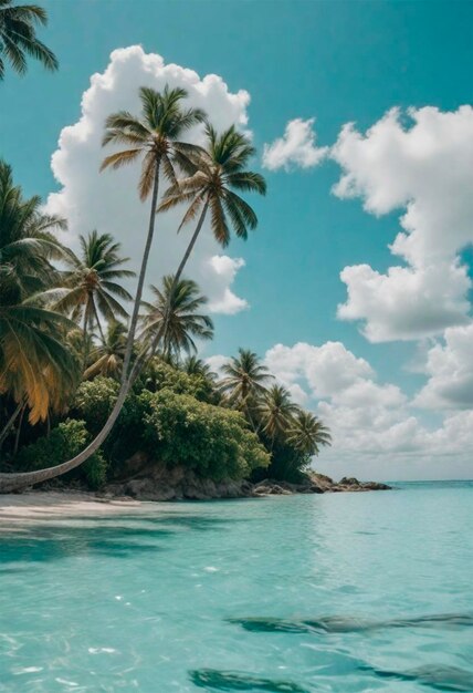 una playa con palmeras y un cielo azul con nubes