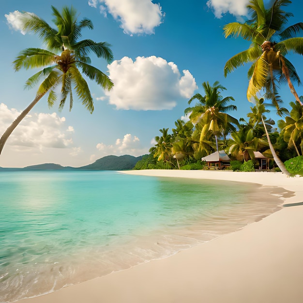 Foto una playa con palmeras y un cielo azul con una playa en el fondo