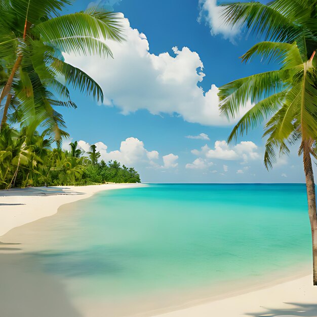 una playa con palmeras y un cielo azul