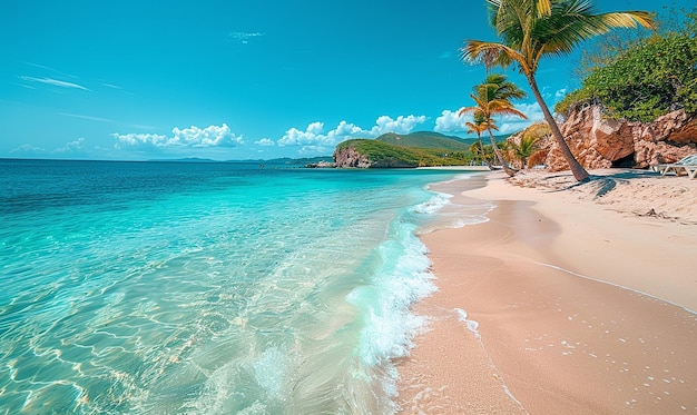 una playa con palmeras y un cielo azul