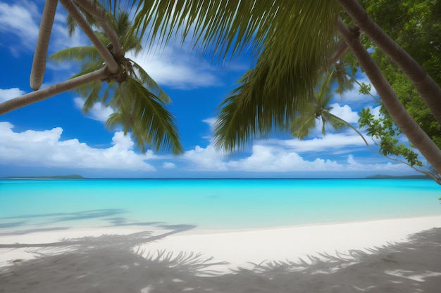 Una playa con palmeras y un cielo azul.