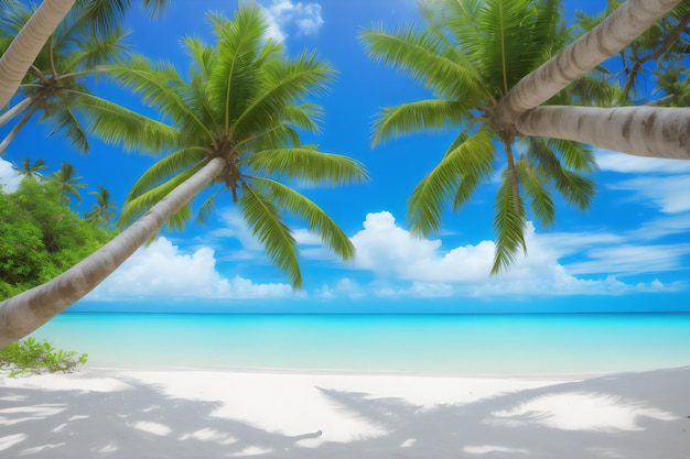 Una playa con palmeras y un cielo azul.