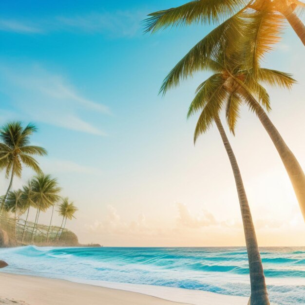 una playa con palmeras y un cielo azul