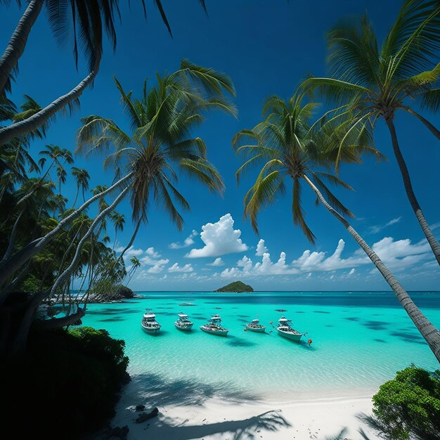 Una playa con palmeras y un cielo azul.