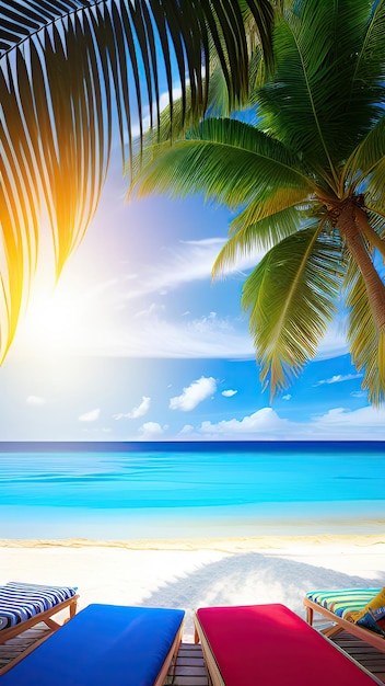 Una playa con palmeras y un cielo azul.