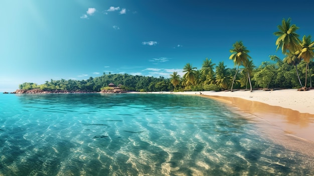 Una playa con palmeras y un cielo azul.