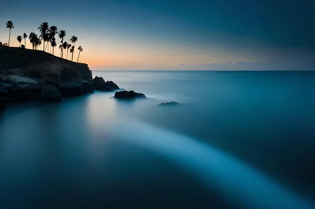 Una playa con palmeras y un cielo azul.