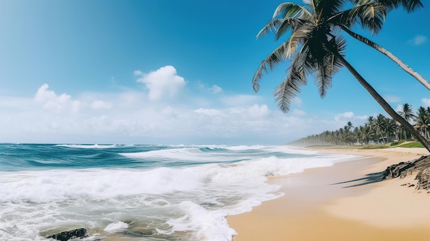 Una playa con palmeras y un cielo azul.