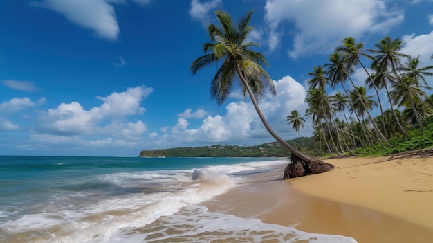 Una playa con palmeras y un cielo azul.