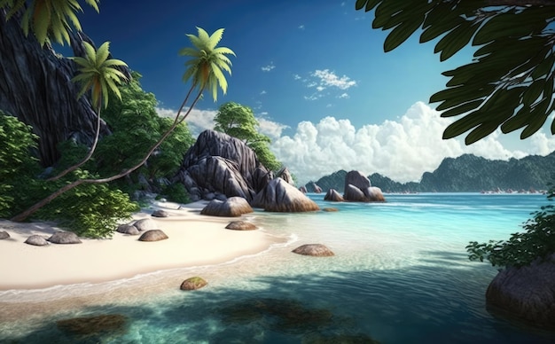 Una playa con palmeras y un cielo azul.
