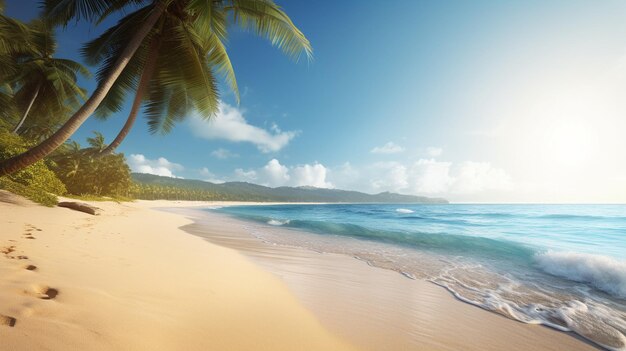 Una playa con palmeras y un cielo azul.