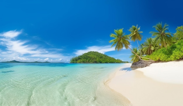 Una playa con palmeras y un cielo azul.