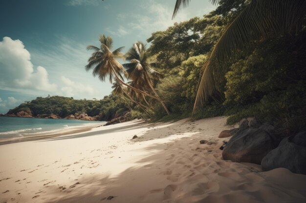 Una playa con palmeras y un cielo azul.