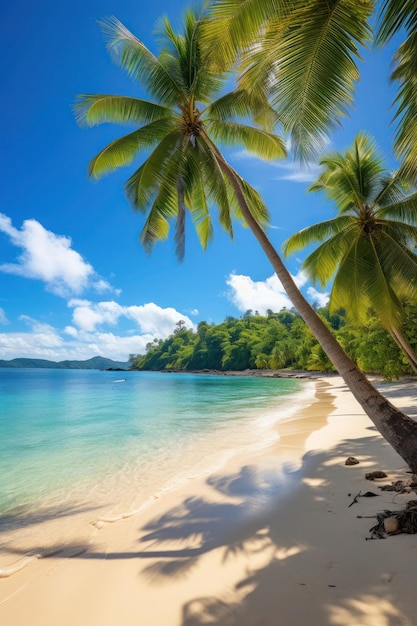 Una playa con palmeras y un cielo azul.