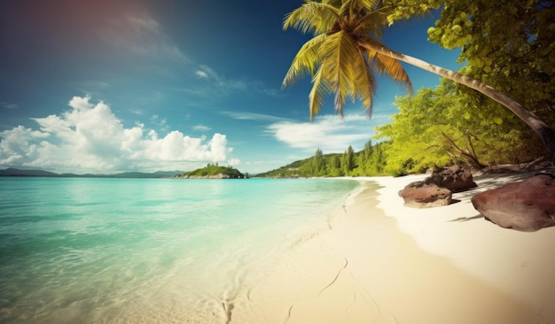 Una playa con palmeras y un cielo azul.