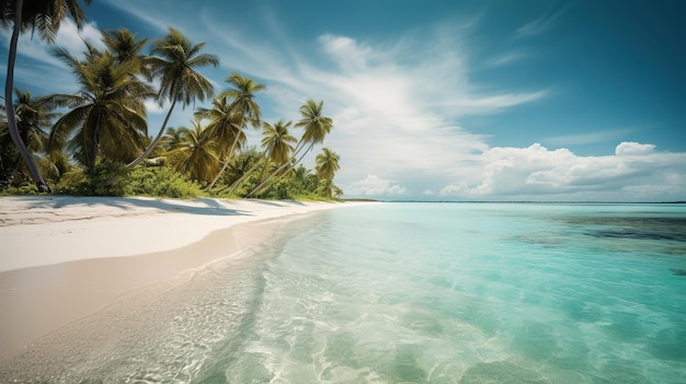 Una playa con palmeras y un cielo azul.