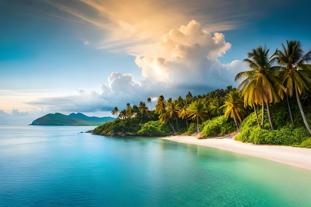 Una playa con palmeras y un cielo azul.